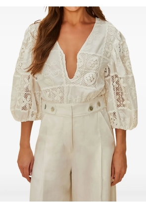 FARM Rio eyelet-details puff-sleeve bodysuit - White