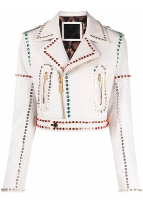 Philipp Plein crystal-trim studded cropped biker jacket - White