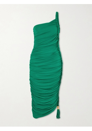 SIMKHAI - Alessia One-shoulder Asymmetric Tasseled Ruched Stretch-jersey Midi Dress - Green - US00,US0,US2,US4,US6,US8,US10