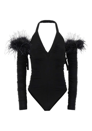PINKO Ottovolante feather-trimmed halter bodysuit - Black