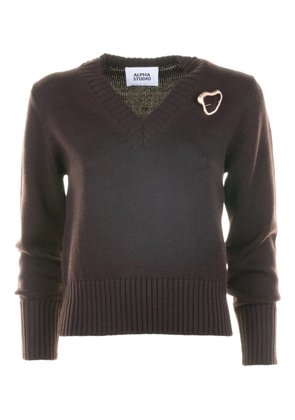 ALPHA STUDIO v-neck brooch-detail sweater - Brown