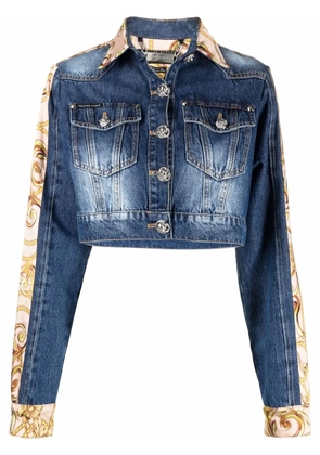 Philipp Plein baroque-print cropped denim jacket - Blue