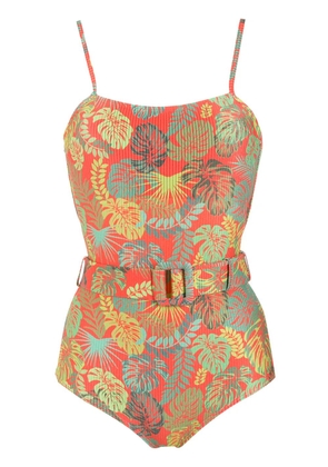 Amir Slama palm leaf print belted swimsuit - Red