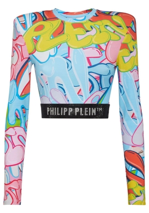 Philipp Plein Padded Shoulder Cropped Top LS Bombing Graffiti - Blue