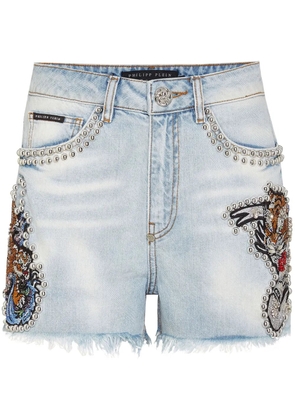 Philipp Plein Tattoo stud-embellished denim shorts - Blue