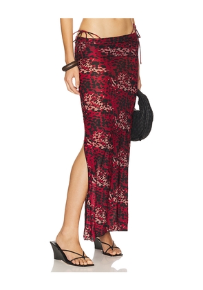 Indah Mickey Printed Maxi With Side Splits & Foldover Waist Panel Skirt in Red. Size M. Also in XS.