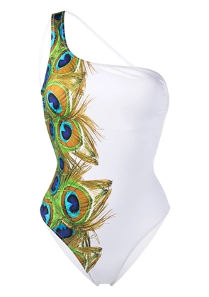 Noire Swimwear Peacock printed one-shoulder swimsuit - White