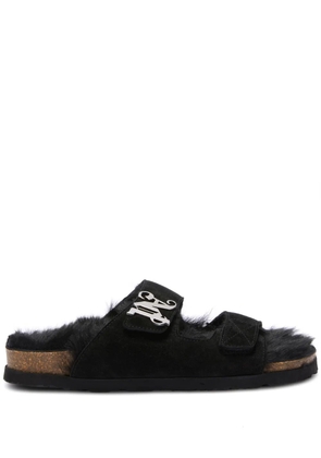Palm Angels monogram-plaque faux-fur sandals - Black