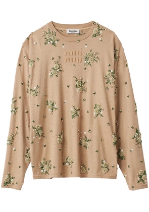 Miu Miu floral-appliqué cotton T-shirt - Neutrals