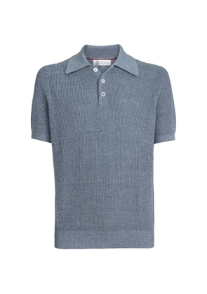 Brunello Cucinelli linen and cotton half English rib knit polo shirt - Blue