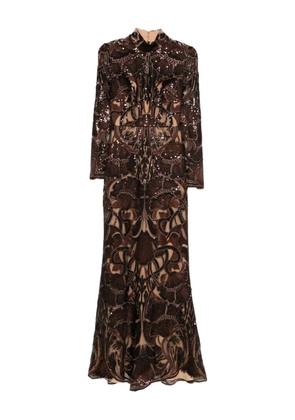 Elie Saab sequin-embellished long-sleeve maxi dress - CHOCOLATE BROWN
