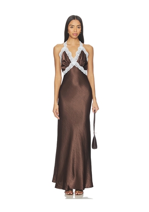 SNDYS Tonya Slip Maxi Dress 2.0 in Chocolate. Size L. Also in M, S, XS, XXL, XXS.