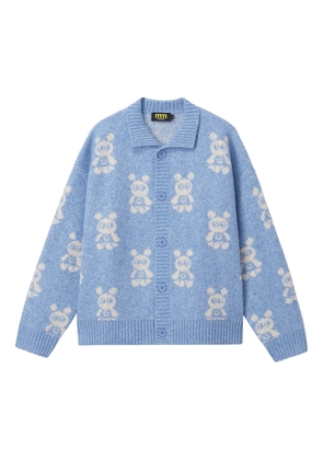 Mini Cream buttoned bear-pattern cardigan - Blue