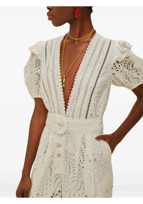 FARM Rio broderie-anglaise puff-sleeve jumpsuit - L0025 OFF WHITE