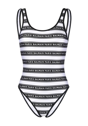 Balmain striped logo-print swimsuit - White