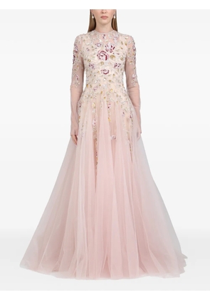 Dina Melwani leaf-embroidered gown maxi dress - Pink