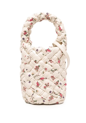 Bottega Veneta Pre-Owned 2021-2025 Small Floral Printed Leather Intrecciato Kalimero Bucket Bag satchel - White