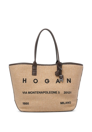 Hogan medium Address frontal-logo raffia tote bag - Neutrals