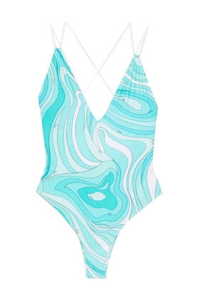 PUCCI Marmo-print V-neck swimsuit - Blue