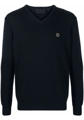 Philipp Plein logo-patch V-neck jumper - Blue
