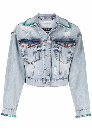 Philipp Plein crystal-embellished distressed denim jacket - Blue