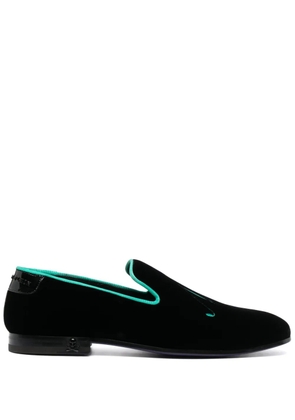 Philipp Plein slogan-embroidered velvet loafers - Black