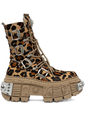 NEW ROCK 100mm leopard print buckled combat boots - Brown