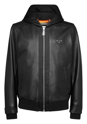 Philipp Plein leather hooded bomber jacket - Black
