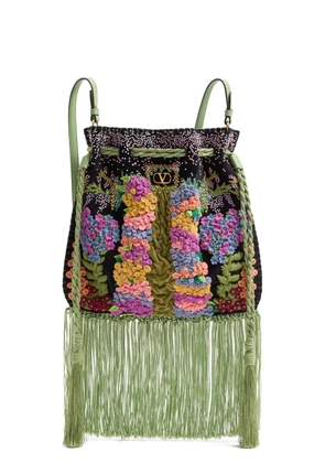 Valentino Garavani fringed embroidered drawstring bag - Black