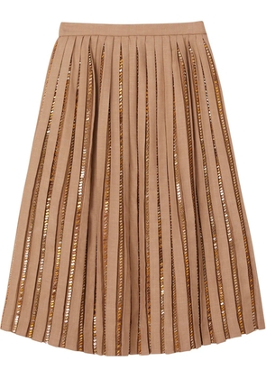 Burberry Crystal Detail Plissé Soleil Wool Silk Blend Skirt - Neutrals