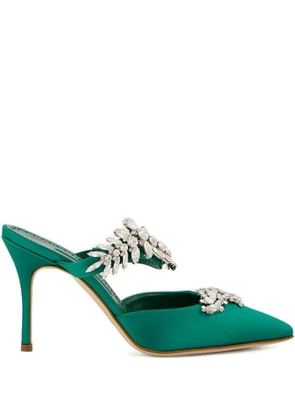Manolo Blahnik 90mm crystal-embellished satin mules - Green