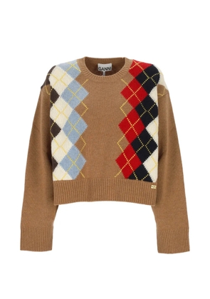 GANNI argyle-knit crew-neck sweater - Brown