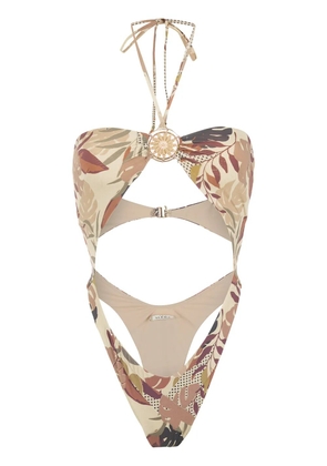 Amir Slama palm leaf print cutout swimsuit - Neutrals