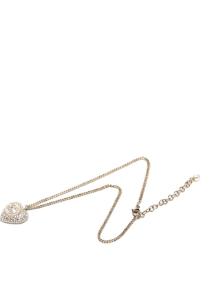 CHANEL Pre-Owned 2022 Gold Plated CC Faux Pearl Crystal Heart Pendant Necklace costume necklace
