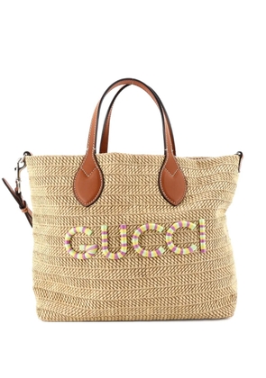 Gucci Pre-Owned Logo Plaque Convertible Raffia Small tote bag - Neutrals
