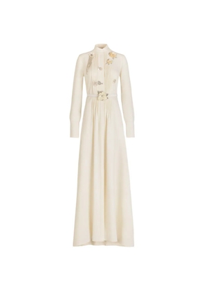 Oscar de la Renta brooch embroidered long sleeve dress - Neutrals