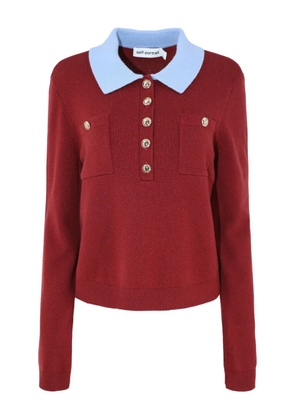 Self-Portrait patch-pockets knitted polo top - Red