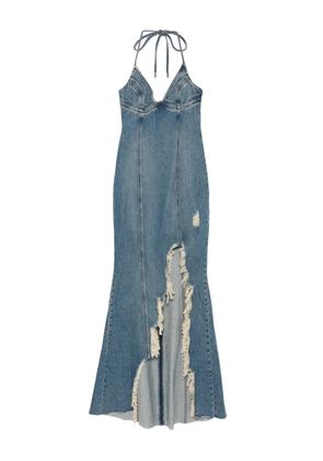 Blumarine halter-neck frayed-hem denim dress - Blue