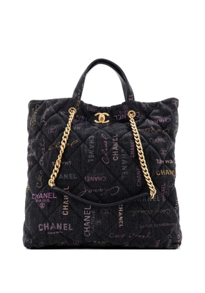 CHANEL Pre-Owned Denim Mood Shopping Logo Printed Quilted Denim Maxi tote bag - Black