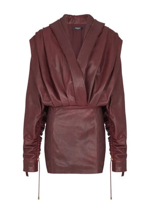Balmain hooded draped leather mini dress - Red