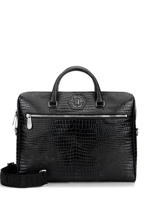 Philipp Plein crocodile print logo patch laptop bag - Black