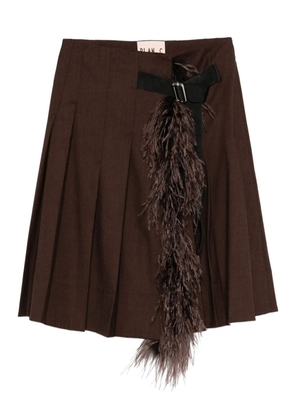 Plan C pleated feather-trimmed midi skirt - Brown