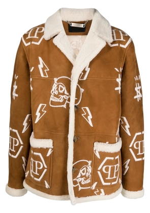 Philipp Plein logo-embroidered suede coat - Brown