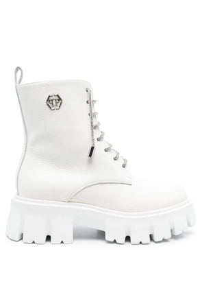 Philipp Plein logo-plaque lace-up leather boots - White