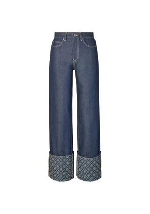 Tory Burch T monogram contrast-cuff jeans - Blue