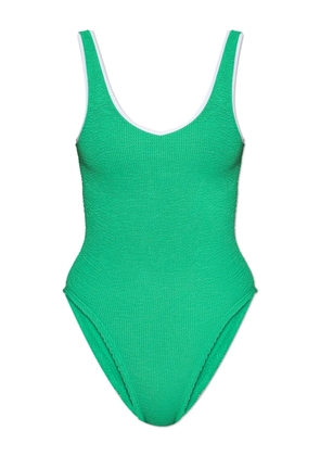 Hunza G Faye crinkle contrast-trim swimsuit - Green