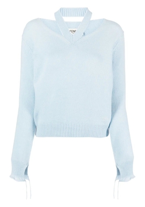 FENDI logo-embroidered cut-out fine-knit jumper - Blue