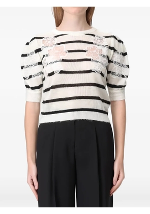 TWINSET striped floral-detail T-shirt - Neutrals