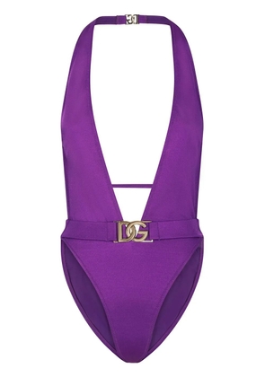 Dolce & Gabbana logo-plaque halterneck swimsuit - Purple