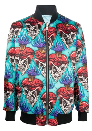 Philipp Plein tattoo-motif embroidered bomber jacket - Blue